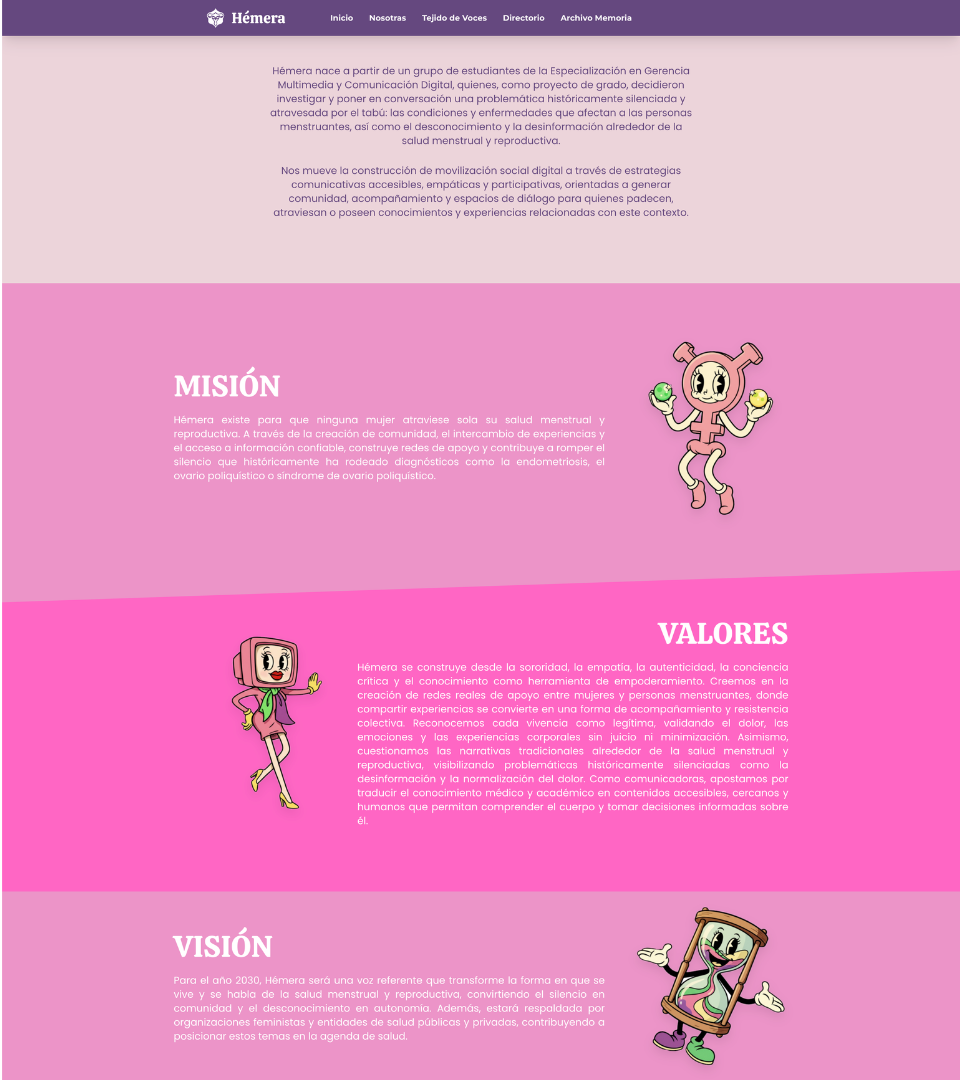 Sección Nosotras con Misión, Valores y Visión ilustrada